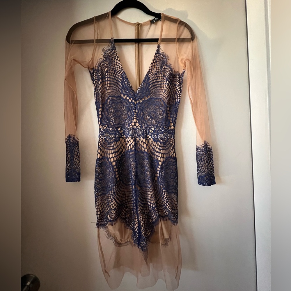 For Love And Lemons Lace Long Sleeve Dress in Blue and Nude
